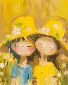 Due bambine con cappelli gialli in un campo di fiori