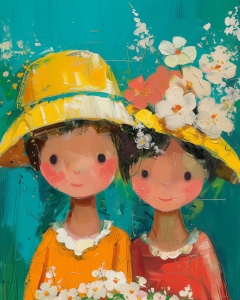Deux Fillettes avec Chapeaux Jaunes et Fleurs