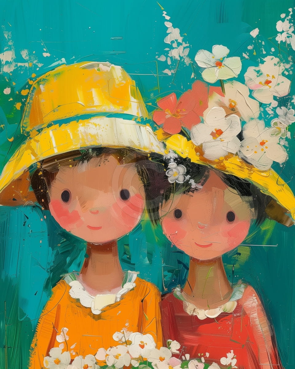 Deux Fillettes avec Chapeaux Jaunes et Fleurs