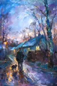 Homme Marchant avec son Chien sur une Rue Mouill&eacute;e au Cr&eacute;puscule