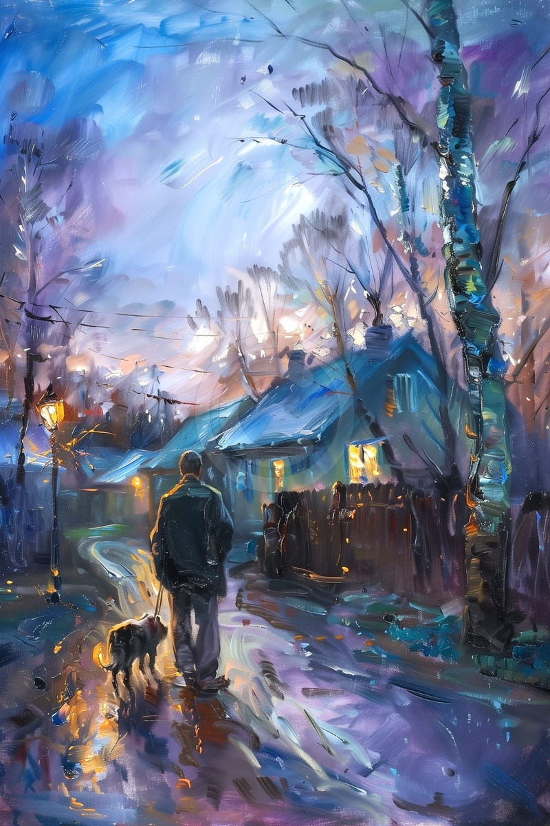 Uomo che Porta il Cane su una Strada Bagnata al Tramonto