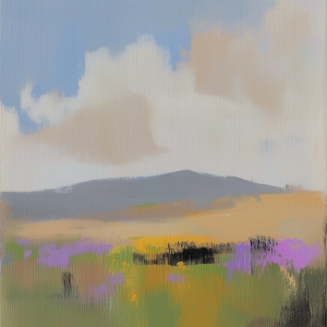 Champ de Fleurs Sauvages avec Collines et Ciel Nuageux