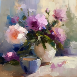 Vase of Flowers with Cup on Table