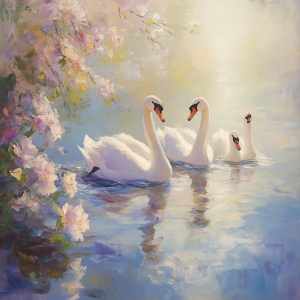Swans on a Blossom-Lined Lake