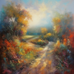 Chemin d&rsquo;automne entre buissons color&eacute;s