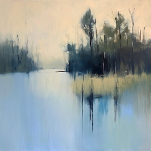 Nebeliger See mit B&auml;umen