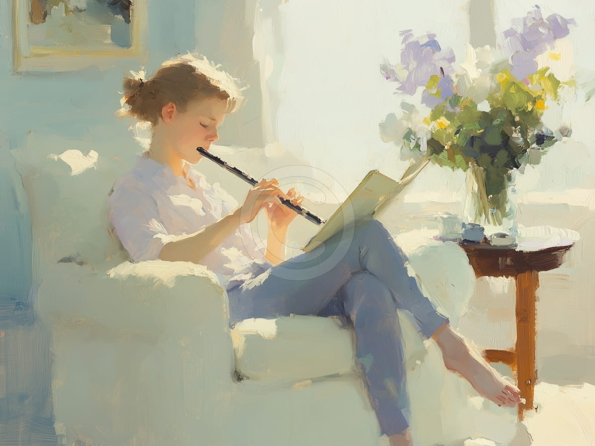 Ragazza che suona il flauto vicino alla finestra