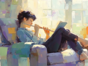 Joven tocando la flauta en un sill&oacute;n