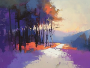 Pfad durch violetten Wald bei Sonnenuntergang
