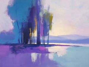 Arbres au bord du lac sous une lumi&egrave;re douce