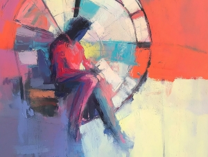Figura seduta davanti a un grande orologio