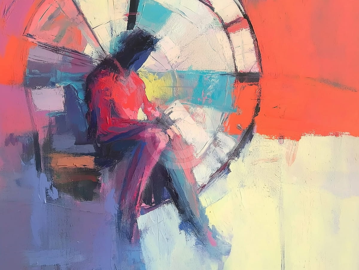 Figura seduta davanti a un grande orologio