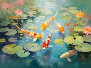 Carpe koi in uno stagno con ninfee