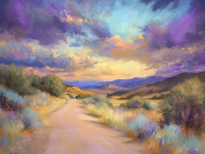 Strada nel deserto al tramonto