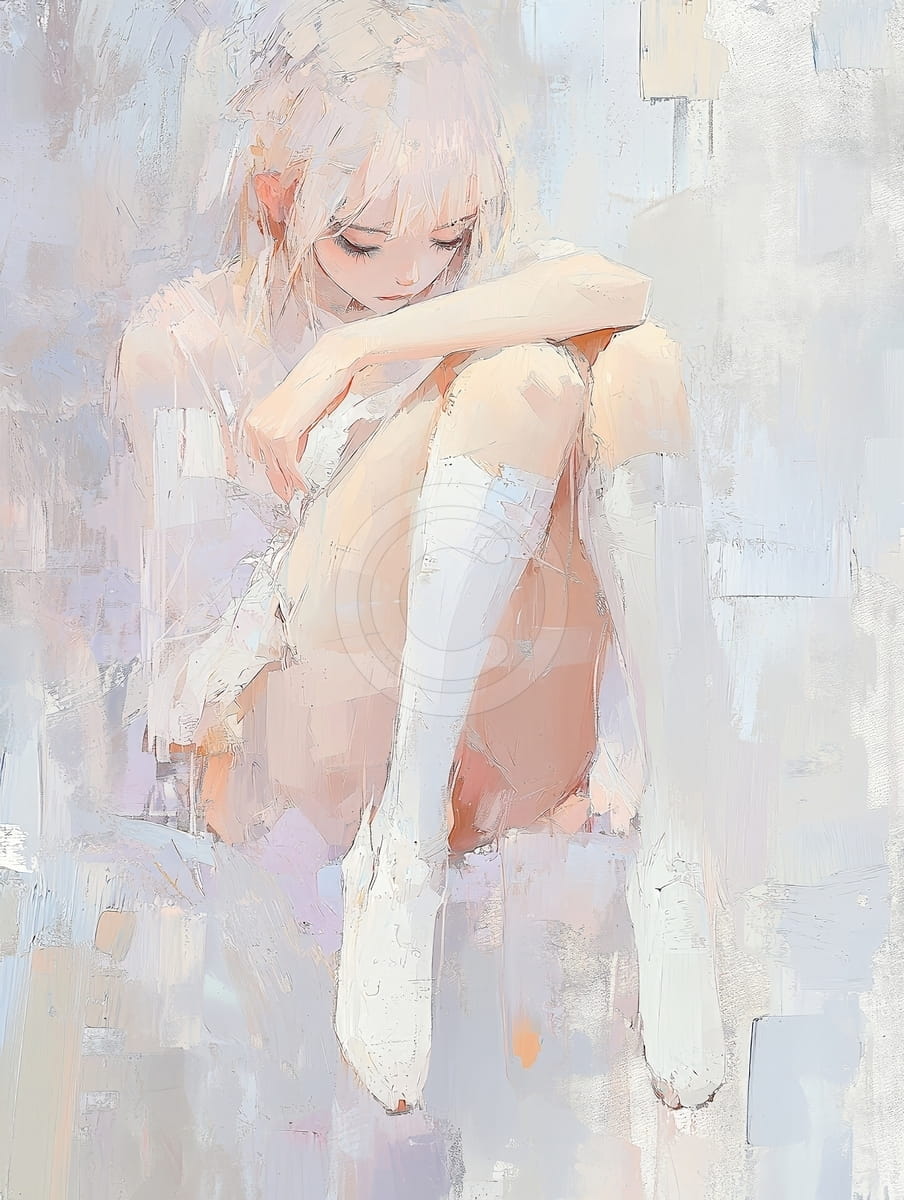 Fille assise, tête baissée