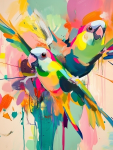 Deux perroquets color&eacute;s en vol