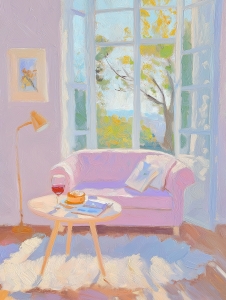 Habitaci&oacute;n acogedora con ventana abierta y sof&aacute; rosa