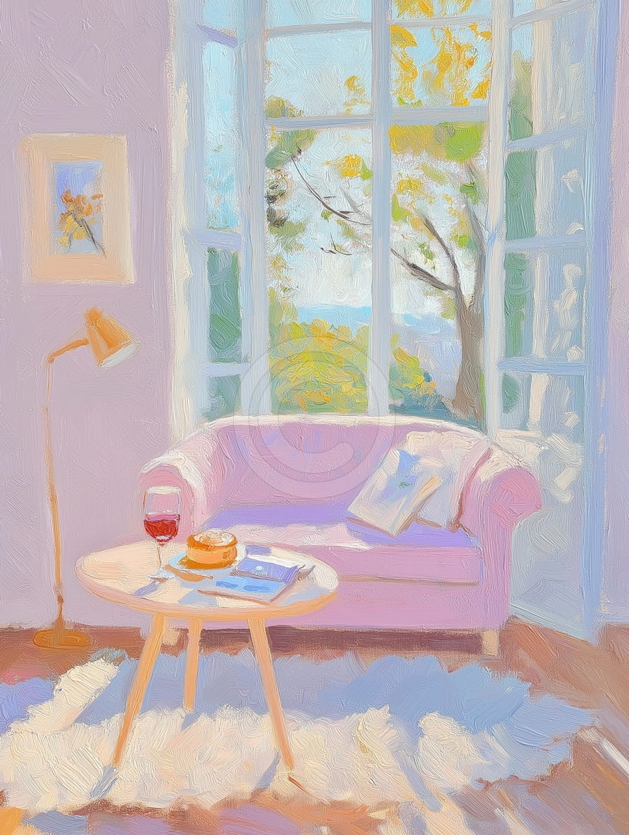 Gemütliches Zimmer mit offenem Fenster und rosa Sofa