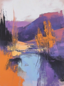 Fiume e alberi in toni arancioni e viola