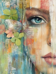 Moiti&eacute; de visage avec &oelig;il bleu et fleurs