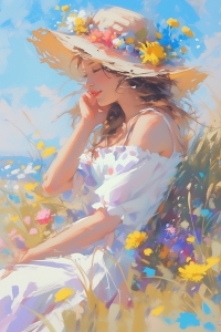 Mujer con vestido blanco y sombrero de flores