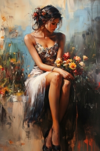 Donna seduta con un mazzo di rose