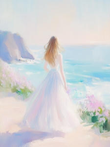 Mujer con vestido blanco junto al mar