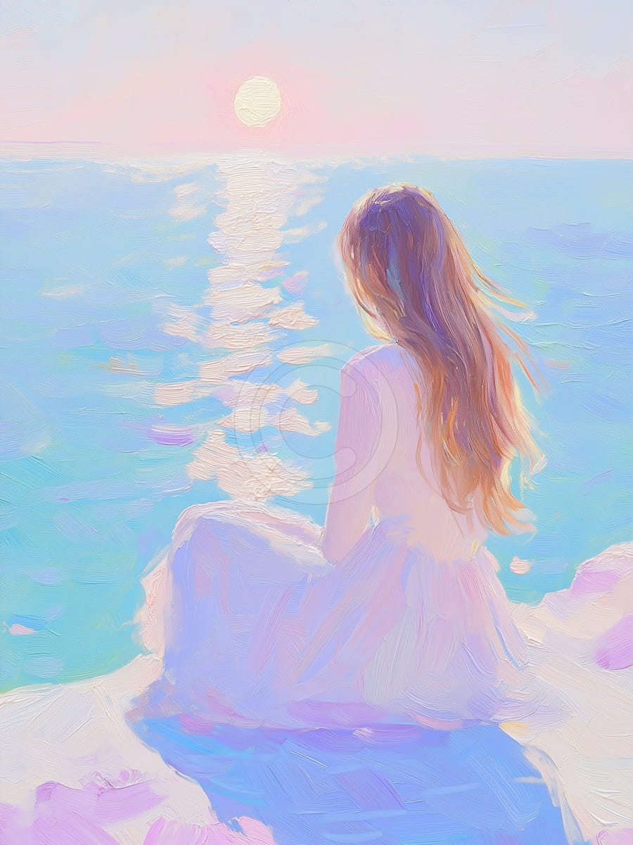 Mädchen sitzt am Meer bei Sonnenuntergang