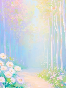 Sendero en el bosque con flores blancas bajo luz pastel