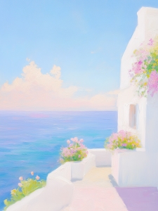 Terrasse am Meer mit Blumen und wei&szlig;en W&auml;nden