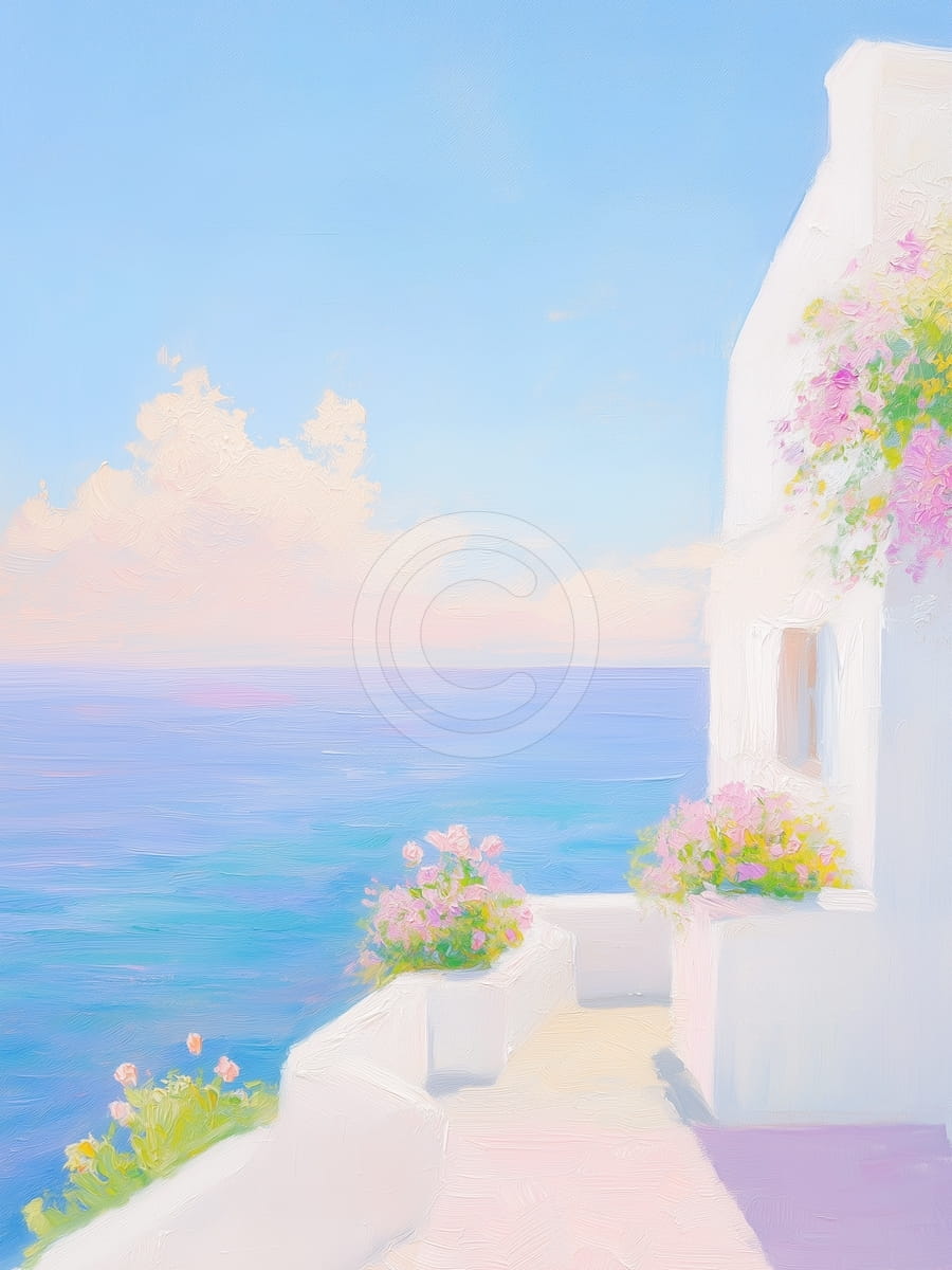 Terrasse am Meer mit Blumen und weißen Wänden