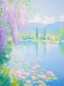 Glyzinien am See mit Seerosen