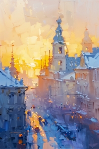Stadtstra&szlig;e mit Kircht&uuml;rmen bei Sonnenuntergang