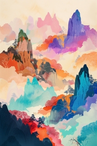 Paesaggio montano multicolore con nebbia