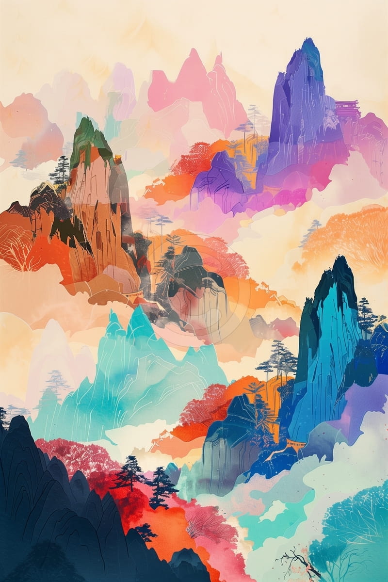 Paesaggio montano multicolore con nebbia