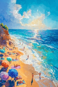 Spiaggia estiva con ombrelloni e bagnanti