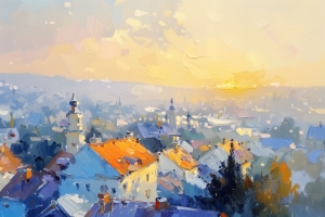 Tetti e torri all'alba