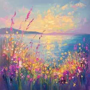 Fiori selvatici sul lago al tramonto