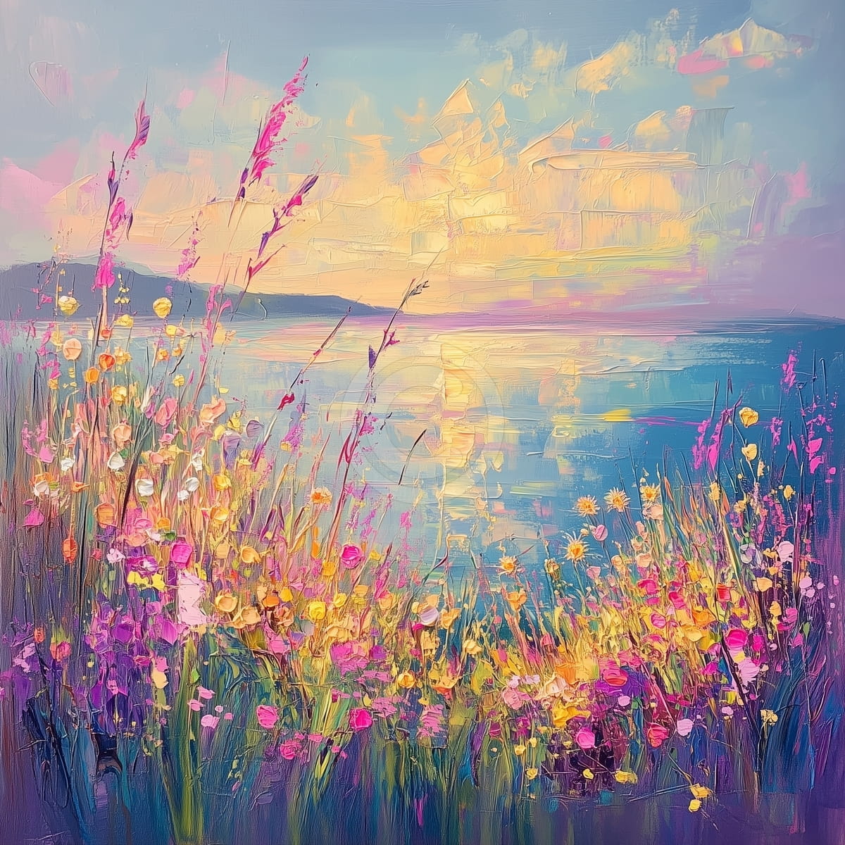 Wildblumen am See bei Sonnenuntergang
