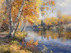 Bouleaux au bord de la rivi&egrave;re en automne