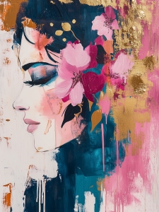 Femme de profil avec fleurs et dorure