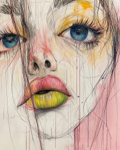 Primer plano de rostro femenino con ojos azules y labios coloridos