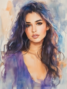 Donna con lunghi capelli scuri in abito viola