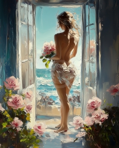 Femme &agrave; la fen&ecirc;tre avec des roses et vue sur la mer