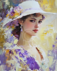 Donna con cappello bianco e fiori viola