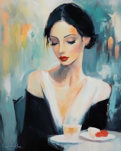 Mujer de cabello negro con taza de t&eacute;