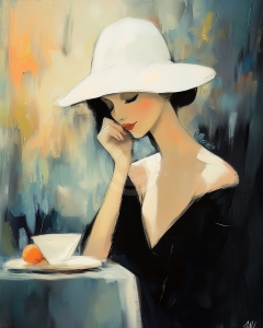 Mujer con sombrero blanco, t&eacute; y naranja