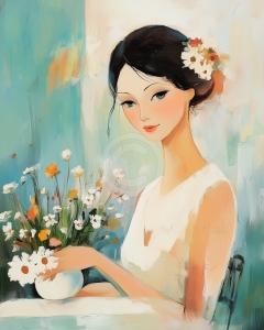Ragazza con fiori in un vaso