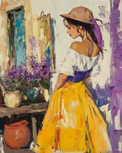 Chica con falda amarilla junto a macetas con flores