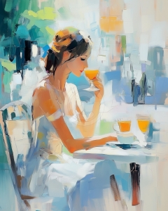 Chica bebiendo jugo en el caf&eacute;